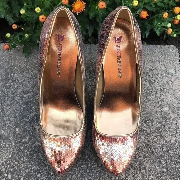 JUST FABULOUS 7.5 Copper Sequins Platform Pumps Size 7.5 - Picture 3 of 16